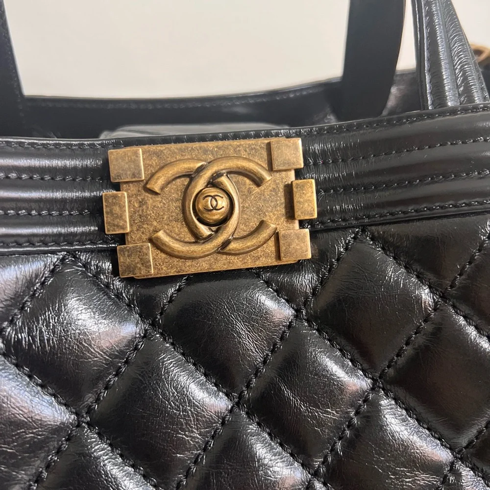 CHANEL Black Quilted Leather Laptop Tote with Gold Chain Strap